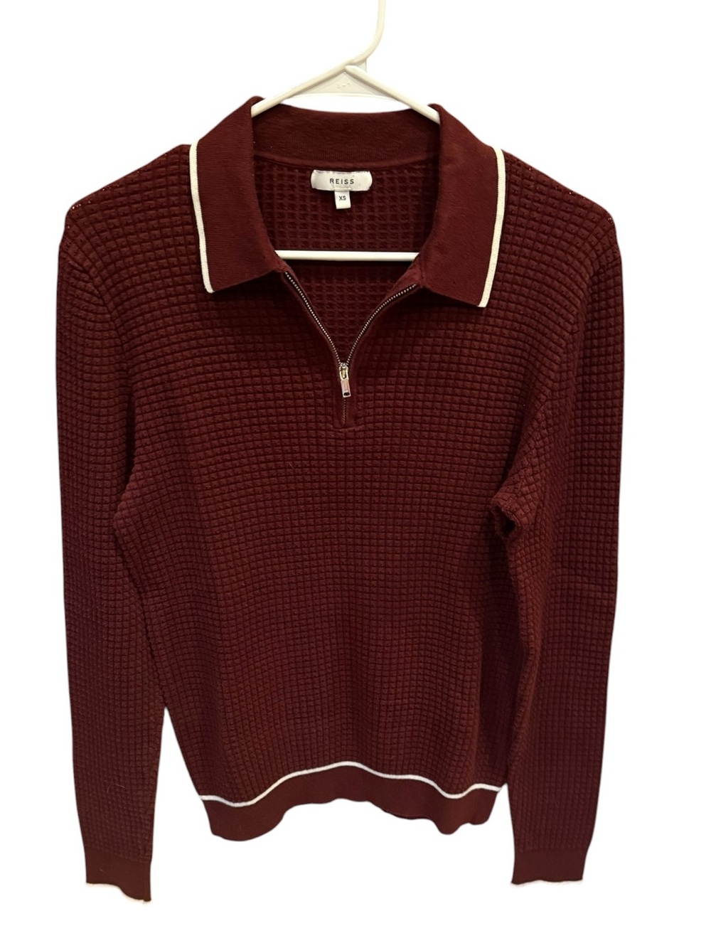 REISS Burgundy & White Half-Zip Waffle Knit Polo Sweater Quarter Zip